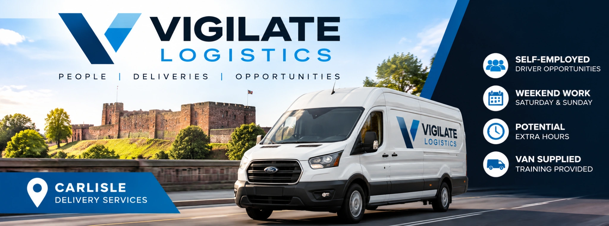 Vigilate Logistics Carlisle delivery services: self-employed weekend driver opportunities, Saturday and Sunday work, van supplied, training provided and potential extra hours, pictured beside Carlisle Castle.